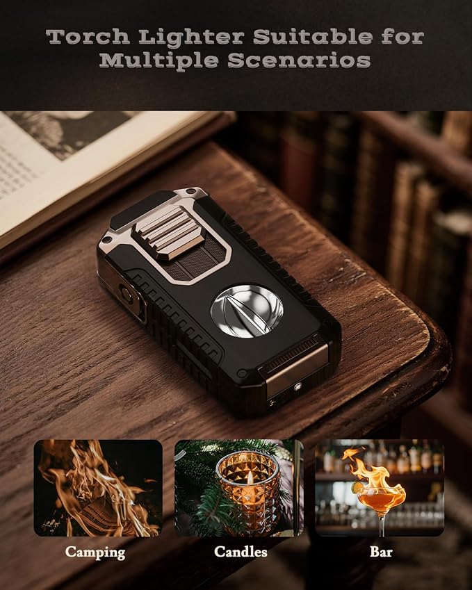 5-in-1 Torch Lighter with Tool, Punch, Holder and Draw Enhancer Tool, Triple Windproof Jet Flame, Refillable Lighters with Accessories, Cool Lighter Gifts for Men, Butane Lighter for Candle, Travel