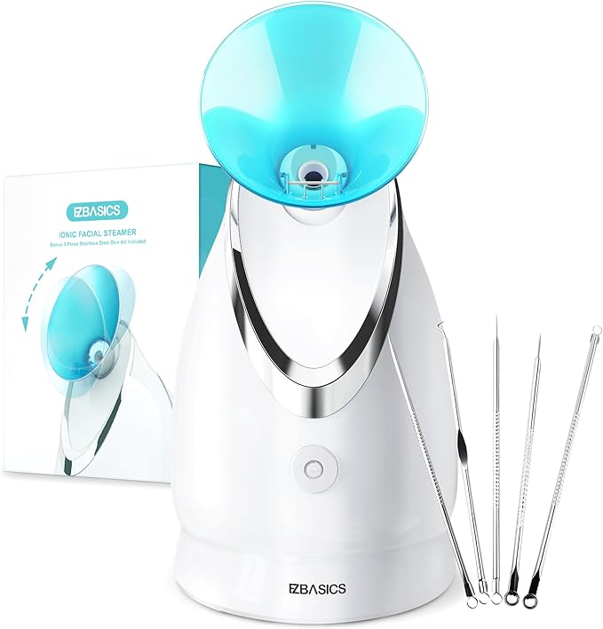 EZBASICS Facial Steamer - Professional Nano Ionic Face Steamer for Facial Deep Cleaning, Warm Mist Humidifier for Home Spa, Unclogs Pores Sinus, Bonus 5 Piece Stainless Steel Skin Kit (Blue)