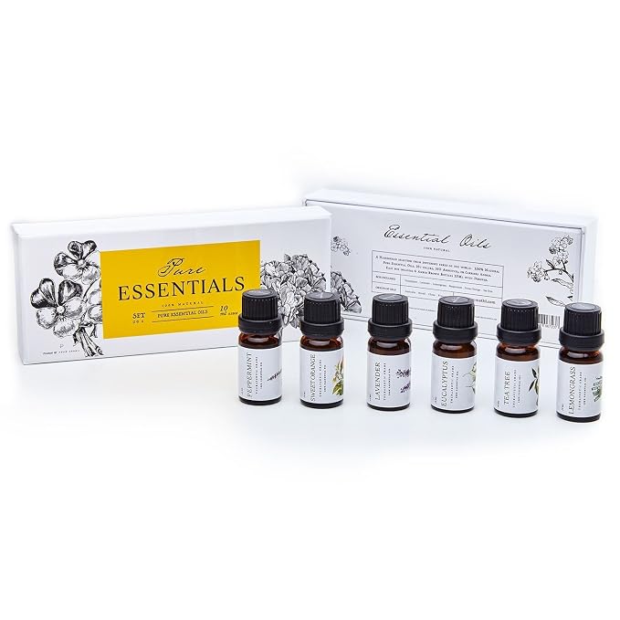 Essential Oils Set Pure Essentials - Top 6 Aromatherapy Oils Gift Set for Diffusers, Home Care, Candel Making, Fragrance -Eucalyptus, Lavender, Lemongrass, Sweet Orange, Peppermint, Tea Tree (10ml)