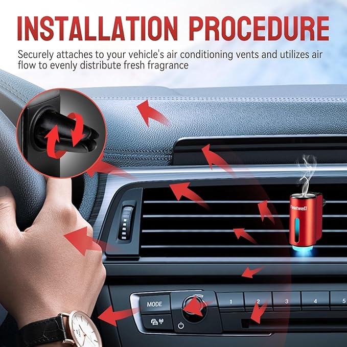 Featwell Car Air Freshener, Three Adjustable Modes Intelligent Aroma Diffuser, Rechargeable Car Diffuser Air Freshener, Red
