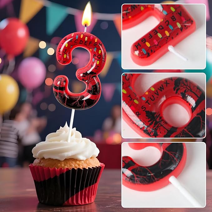 Red Number 3 Birthday Candle for Cake – Dark Horror Style with Alphabet Print & Shadow Design – Unique Cake Topper for Birthday, Anniversary, Themed Party Decoration