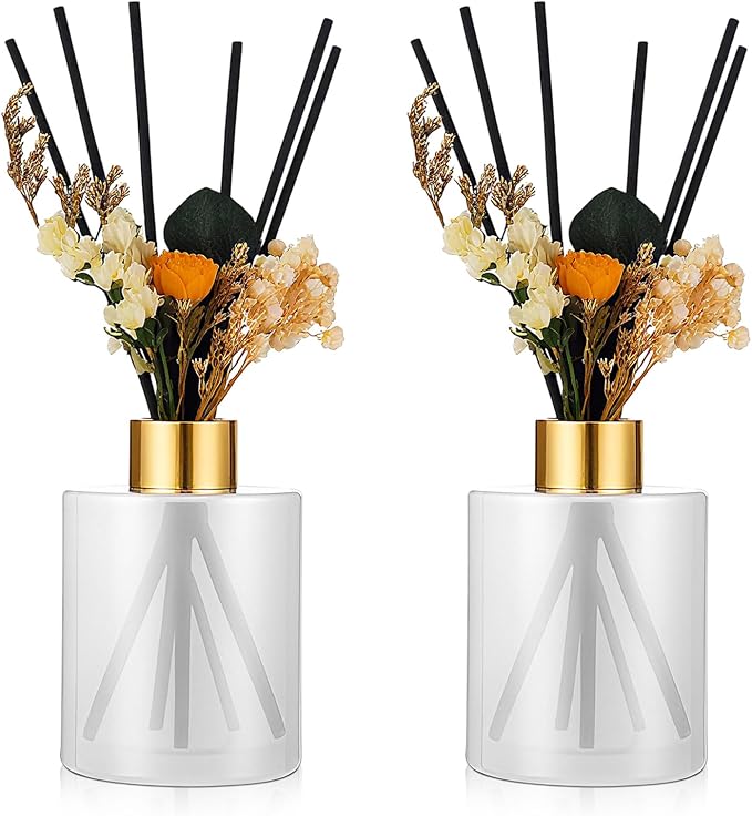 Rtteri 2 Reed Diffuser Sets Flower Oil Diffuser Sticks with Refill Empty 5oz Bottles Scent Glass for Fragrance Home Bathroom Gifts, Oil Not Included (Milky Color)
