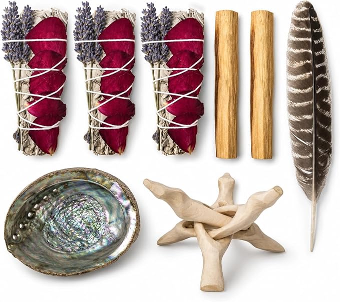 Tomoko White Sage Smudge Kit - 3 White Sage with Rose and Lavender, 2 Palo Santo, Abalone Shell, Wooden Tripod Stand & Feather! Healing, Purifying, Meditating, Incense & Cleansing