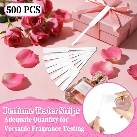 RAINFLOW 500 PCS Perfume Tester Strips - Fragrance Test Strips Bulk Disposable Scent Strips Strong Absorbent Writable Design for Perfume Samples Essential Oil Testing Smell Training Kit