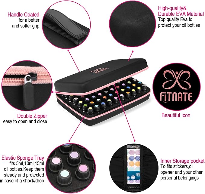 Essential Oils Storage – FITNATE Essential Oils Case for 5ml 10ml 15ml Essential Oils, Essential Oil Travel Case with Essential Oils Labels& Bottle Opener (70 bottles, Pink)