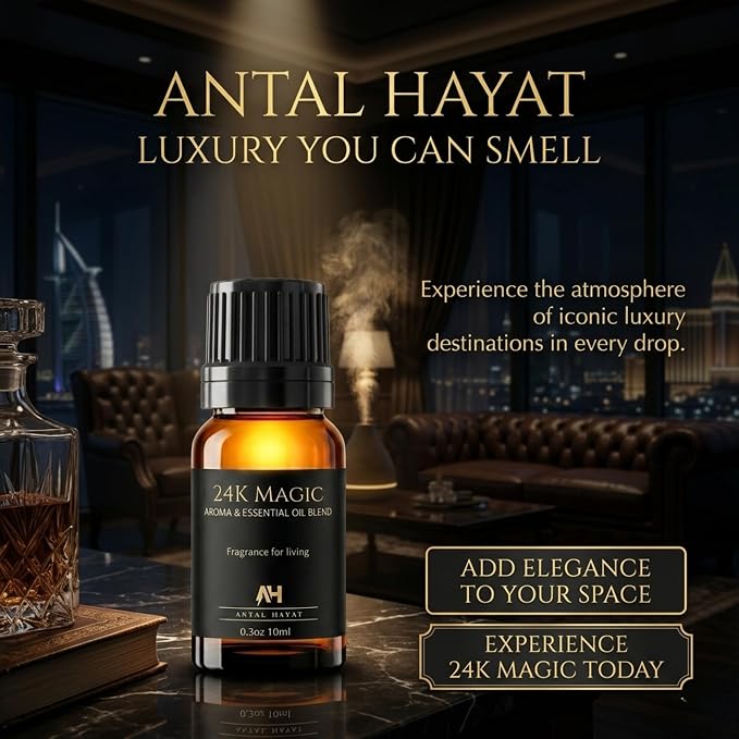 Hotel Diffuser Oil 24k Magic Essential Oil - Hotel Scent Diffuser Refill - Citrus, Lemongrass, Jasmine - Hotel Oils for Diffusers for Home - Luxury Scent Oil with Glass Bottle & Dropper 10ml