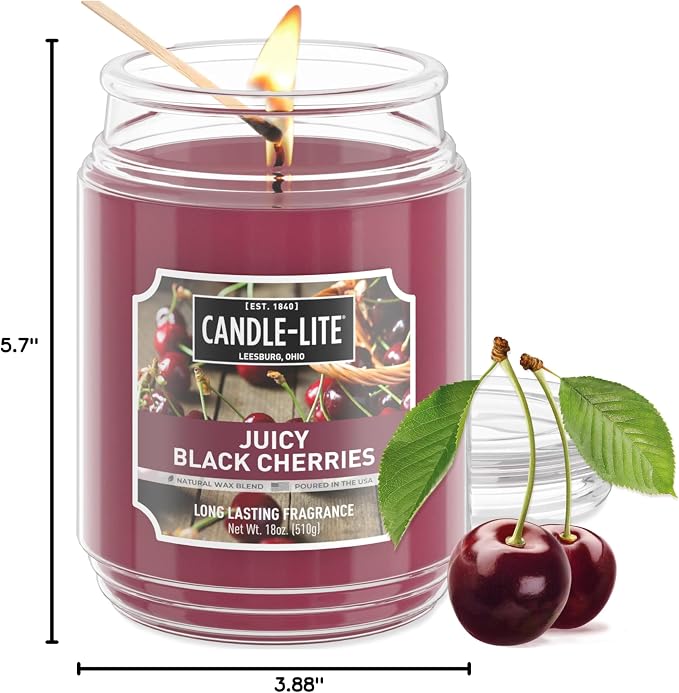 Candle-lite Scented Candles, Juicy Black Cherries, 18 oz Jar, Proudly Poured in The USA, Aromatherapy Candle, Single-Wick with 110 Hours of Burn Time, Perfect for Creating an Inviting Ambiance