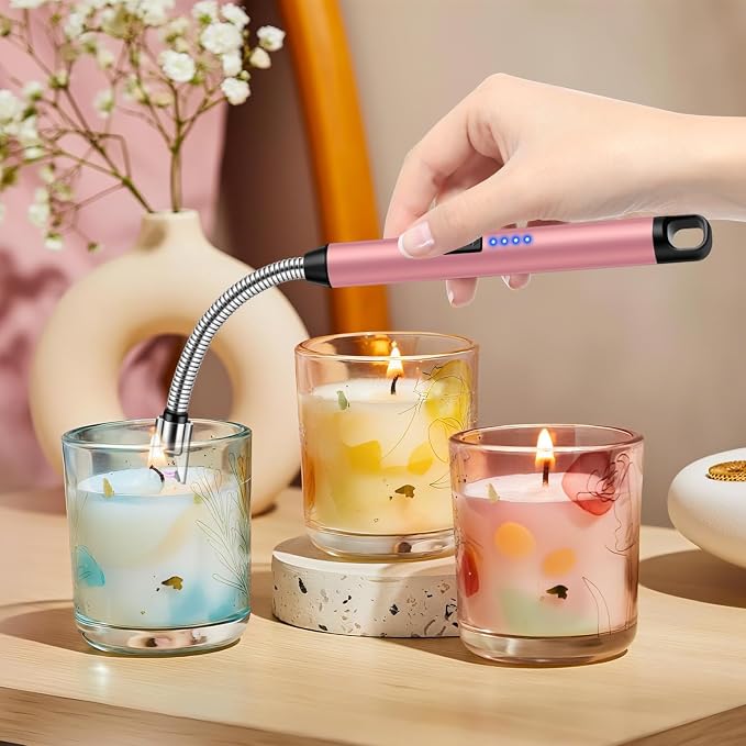 Upgraded 2 Pack Electric Candle Lighter with 360° Flexible Neck & Safety Lock, Windproof USB Rechargeable Flameless Arc Long Lighters for Grill, BBQ, Camping, Fireplace, Stove (Black & Rose Gold)