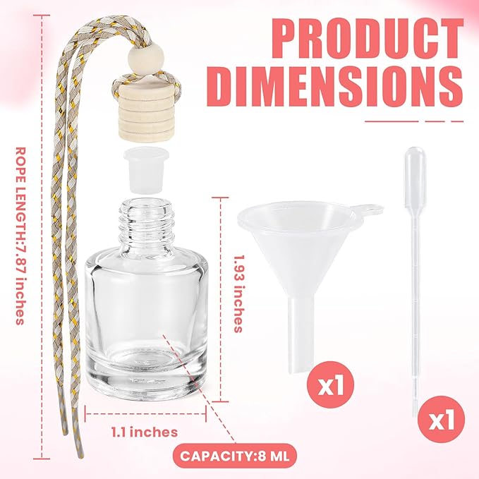 60 Pcs Car Diffuser Bottle Set with Wooden Caps,Dropper and Funnel, Empty Glass Car Air Freshener Bottle Bulk Hanging Essential Oil Fragrance Pendants for Car Decor，Can DIY Car Air Freshners Diffuser