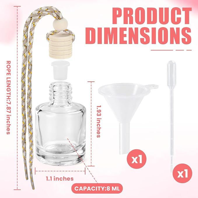 20 Pcs Car Diffuser Bottle Set with Wooden Caps,Dropper and Funnel, Empty Glass Car Air Freshener Bottle Bulk Hanging Essential Oil Fragrance Pendants for Car Decor，Can DIY Car Air Freshners Diffuser