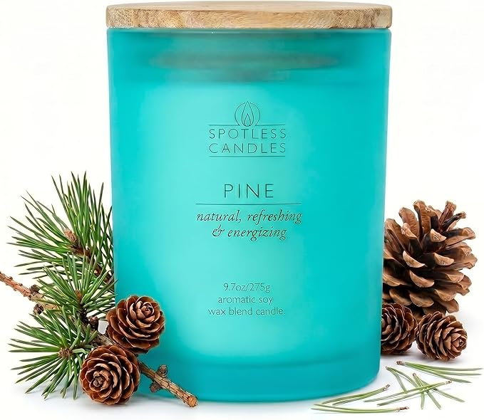 Pine Candle; 9.7 oz: 55 Hrs Burn Time, Soy Wax Teal Frosted Jar with Crackling Wooden Wick & Luxury Gift Box: Pine Scented Candle by Spotless Candles | Soy Wax, 55 Hrs Burn Time, Crackling Wooden Wick, Luxury Gift Box