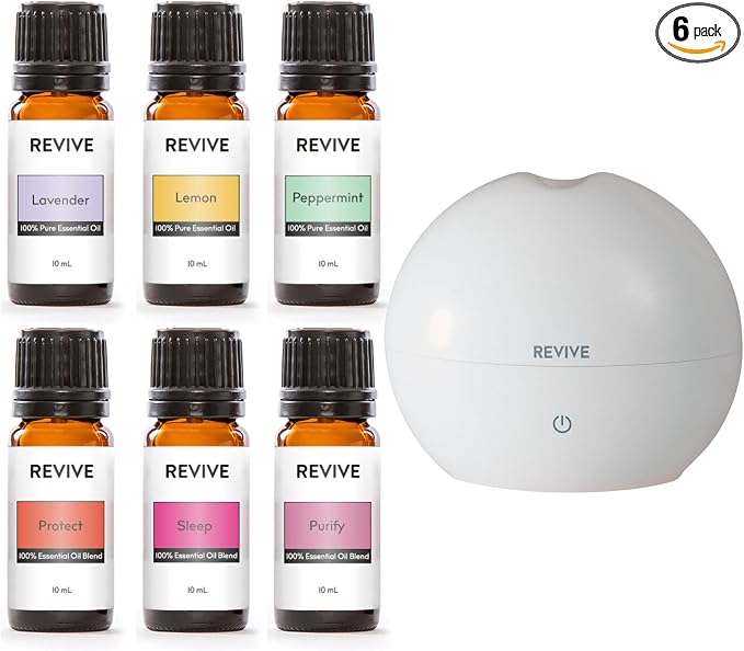 Basics Kit with Halo Diffuser by Revive Essential Oils - 100% Pure Therapeutic Grade, for Diffuser, Humidifier, Massage, Aromatherapy, Skin & Hair Care