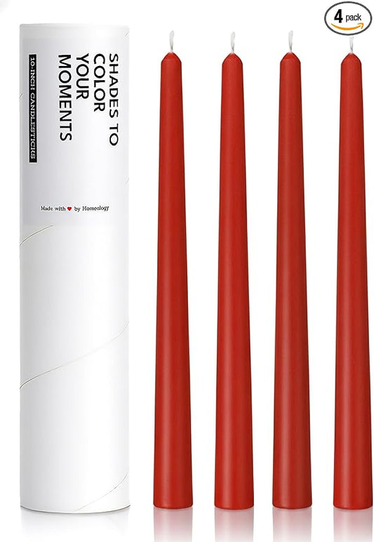 10" Classic Taper Candles, Red, 4-Pack, 7-8 Hours Long Burning, Unscented Tall Candlesticks
