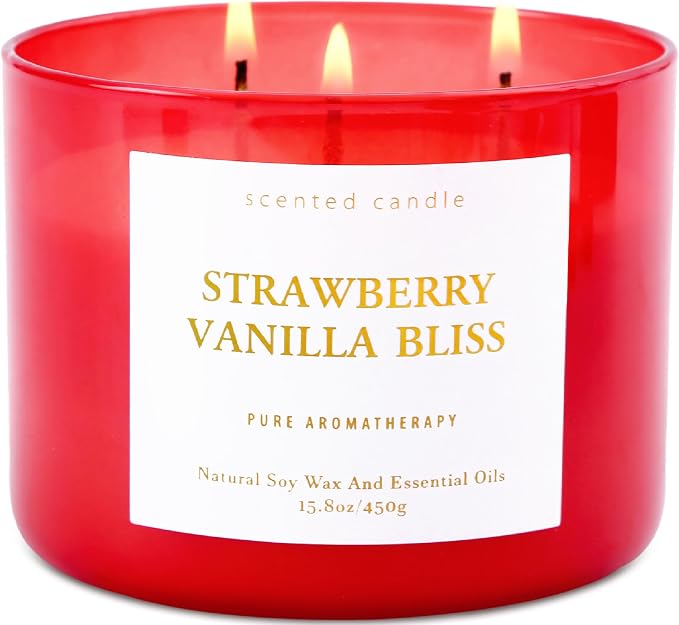 Strawberry Vanilla Bliss 3-Wick Soy Candle | 15.8 oz Large Aromatherapy Candle for Home | Clean Burn Long Lasting | Berry Vanilla Scent | Gift Ready