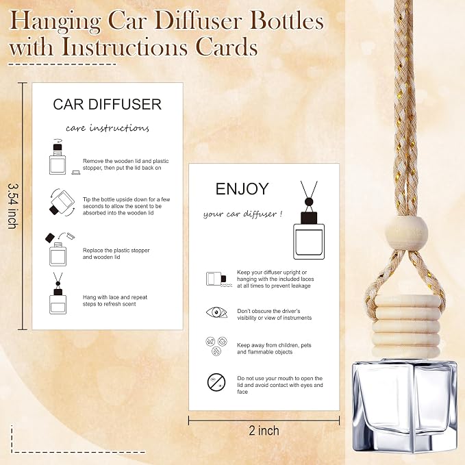 Boao 50 Sets Hanging Car Air Freshener Diffuser Bottles with 2 x 3.54 Inch Car Diffuser Instructions Cards for Empty Essential Oil Bottles(White Card,Cube)