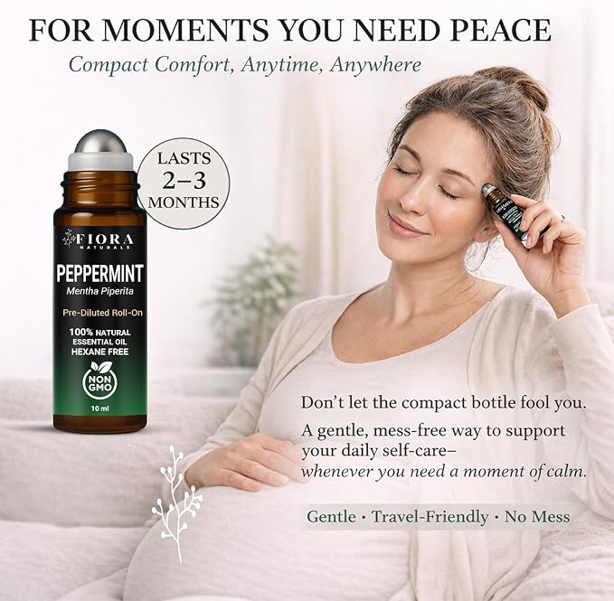 Peppermint Essential Oil Roll On – Cooling Aromatherapy Peppermint Oil Rollerball, Pre-Diluted Essential Oil Roller for Head, Travel & Everyday Refresh, 100% Natural, Compact Roll On Stick