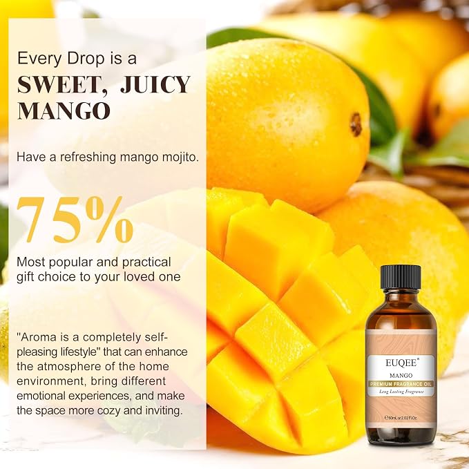 EUQEE Mango Fragrance Oil, 60ml Premium Scents Fragrance Oils with Glass Dropper for Soap & Candle Making, DIY Bath Bombs, Diffusers (2.02 Fl oz)