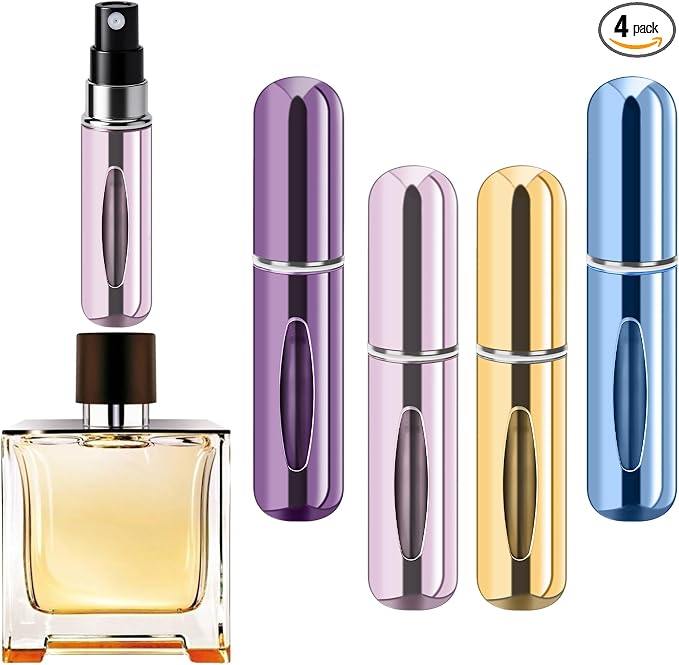 Refillable Perfume Portable Atomizer Bottle Refillable Perfume Spray, Travel Perfume (5ml, 4 Pack) (Purple, Pink, Gold, Light Blue)