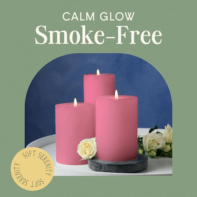 Mister Candle Dripless Unscented Pillar Candles, Set of 3 Hand Poured Pink Pillar Candles, Solid Color Non-Scented Candles for Home Decor, Premium Wax, 80 Hr Burn Time, 3x6 Inch