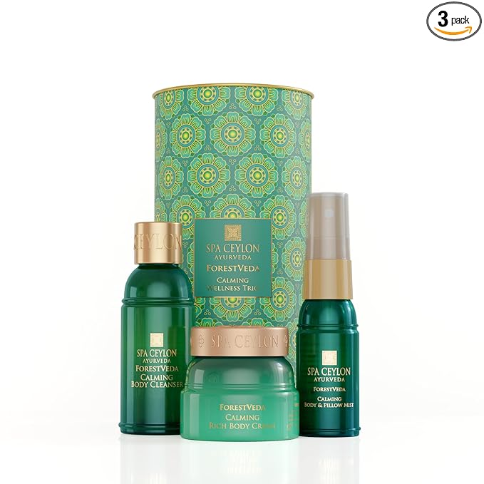 Spa Ceylon ForestVeda Calming Wellness Trio, Pampering Kit with Natural Ingredients, Ayurvedic Gift Set with Shower Gel, Body Cream & Pillow Mist (Peppermint)