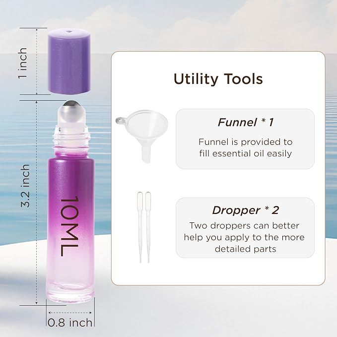 SESENSE Essential Oil Roller Bottles, 10ml Thick Glass Perfume Roller Bottles with Funnel Opener and Dropper Colored Glass Empty Bottles with Stainless Steel Roller Balls (Purple, 4 Pack)