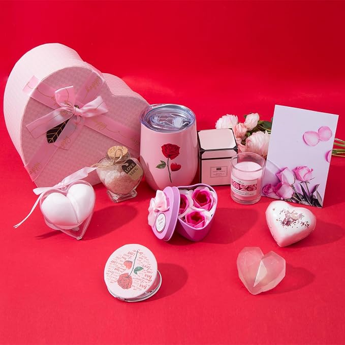 Mothers Day Gifts Box, Pink Rose SPA Gift Basket for Women, Mom Birthday Gifts, Heart-Shaped Relaxing Bath Set with Tumbler, Best Gift for Mom, Wife, Love You Anniversary Present