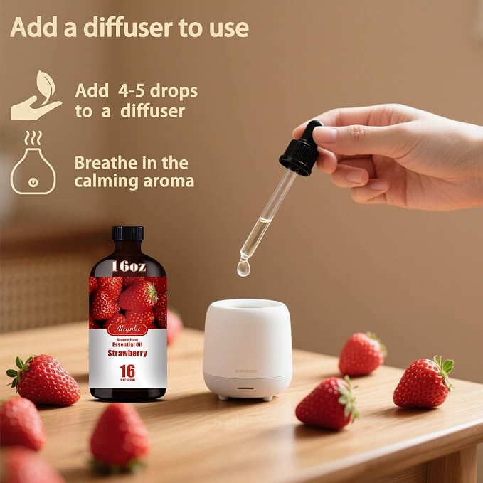 Strawberry Essential Oil, Strawberry Oil for Diffuser, Humidifier, DIY Candle, Soap, Sweet Fragrance, Home, Gift Ready,Strawberry Fragrance Oil - MLYNKL Essential Oils (16.33 fl oz / 490ml)