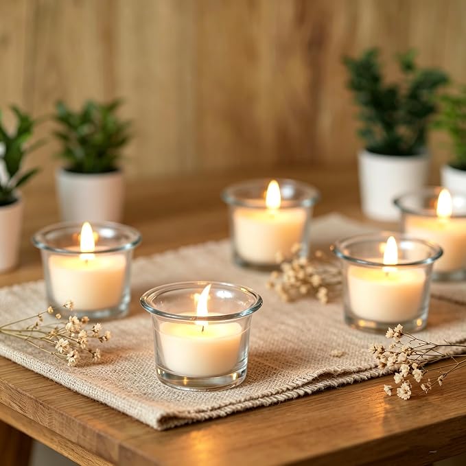 HOSLEY Oyster Cup Clear Glass Filled Candles 48 Pack Ivory Hand Poured Unscented Wax Candles for Home Restaurants Shabbat Church Weddings Romantic Moments Party Spa Meditation
