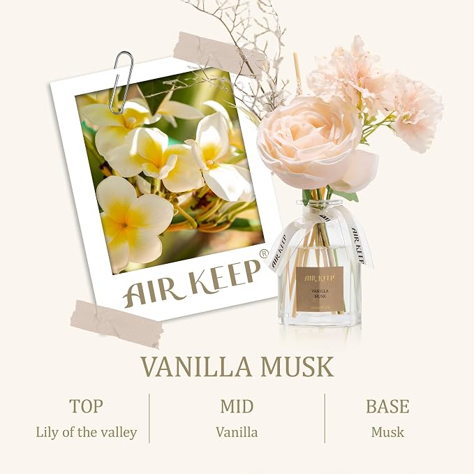 Airkeep Flower Reed Diffuser Set, Vanilla Musk Diffuser Gift Set,4.06 fl oz Essential Oil Sticks Diffusers for Bathroom Air Freshener, Aromatherapy Home Fragrance for Shelf Decor, Gift for Women Mom