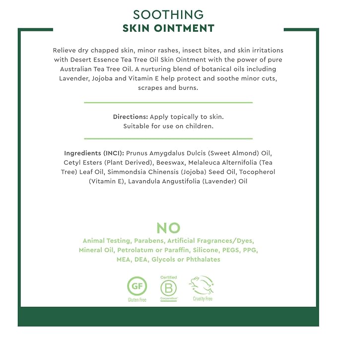 Desert Essence TEA TREE OIL SKIN OINTMENT – Itch Relief, Rash Cream for Razor Burn - Soothing Balm with Lavender & Jojoba - Gluten & Cruelty-Free - 1 oz