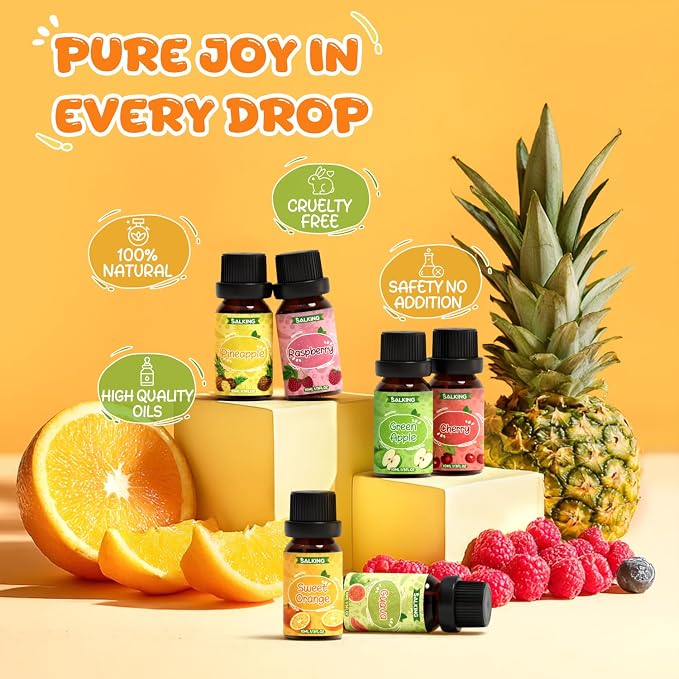 SALKING Fruity Fragrance Essential Oils Set, Essential Oil Gift Set Scented Oils for Diffuser Candle Making - Pineapple,Guava, Raspberry, Green Apple, Orange, Cherry