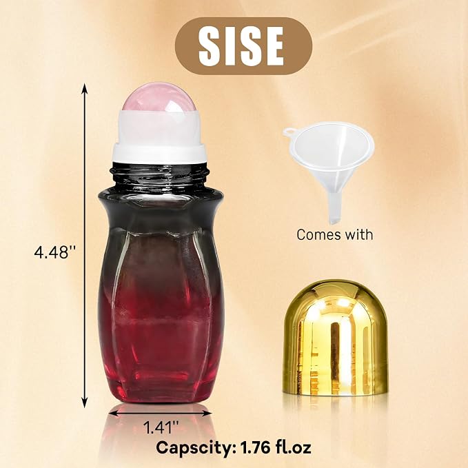 Rose Quartz Roller Waisted Bottles for Essential Oils,50ml Refillable Amber Glass Roll On Bottles with Natural Crystal Roller Balls, Leak-Proof Travel Perfume Bottle with Gold Caps
