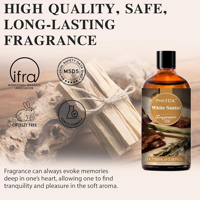 PHATOIL 3.38FL.OZ White Santal Fragrance Oils for Aromatherapy, Essential Oils for Diffusers for Home, Perfect for Diffuser, Yoga, Skin Care, DIY Candle and Soap Making - 100ml