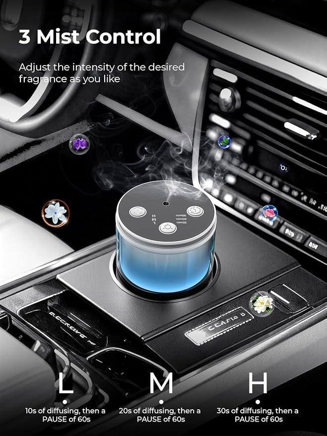 Waterless Essential Oil Diffuser: 𝟗 𝐂𝐨𝐥𝐨𝐫𝐬 𝐋𝐄𝐃 Scent Diffuser for Home&Car&Office - Portable Diffuser with 48H Battery, 4 Timers & 3 Mist Levels, Snow White