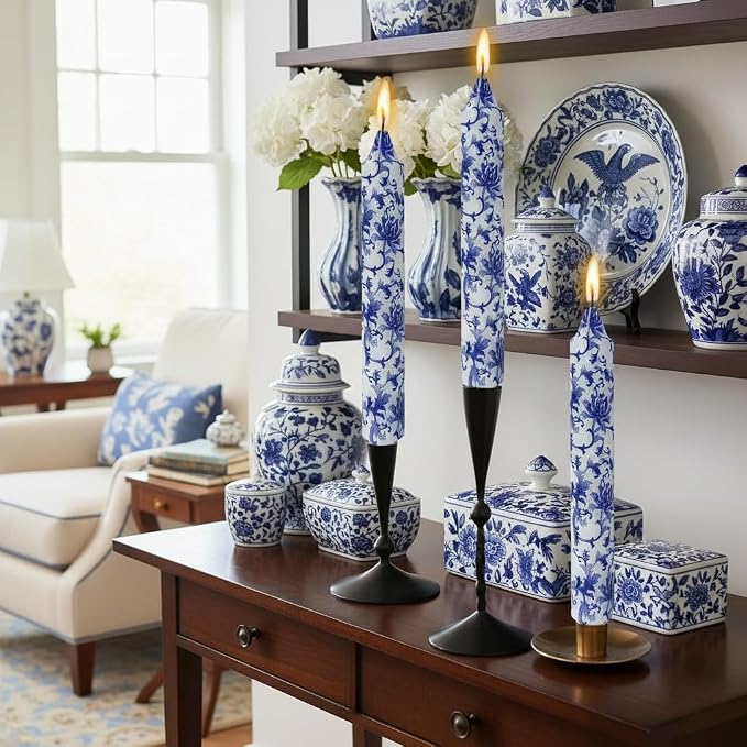 Long Blue and White Taper Candles 9 Inch Handmade Porcelain Style Wide Taper Candles Smokeless Unscented Clean Burning for Housewarming Gift New Home Entryway Cozy Hygge Bohemian Style Tall Decor