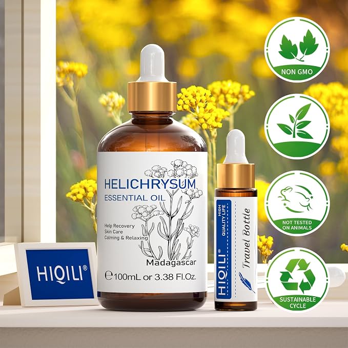 HIQILI Helichrysum Essential Oil for Skin Nourish, Relieve Fatigue in Body Massage, Reduce Fine Line and Wrinkle, Aromatherapy Diffuser, DIY Floral Scented Gift -100ML