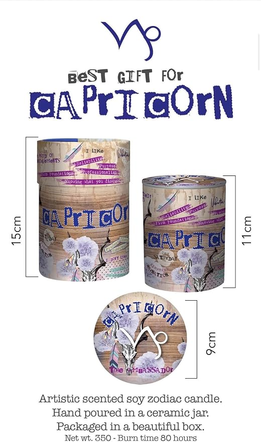 Capricorn Zodiac Candle – Jasmine Scented Soy Candle for Self Care & Relaxation – Zodiac Birthday Gift – 80 Hour Burn – Reusable Ceramic Jar