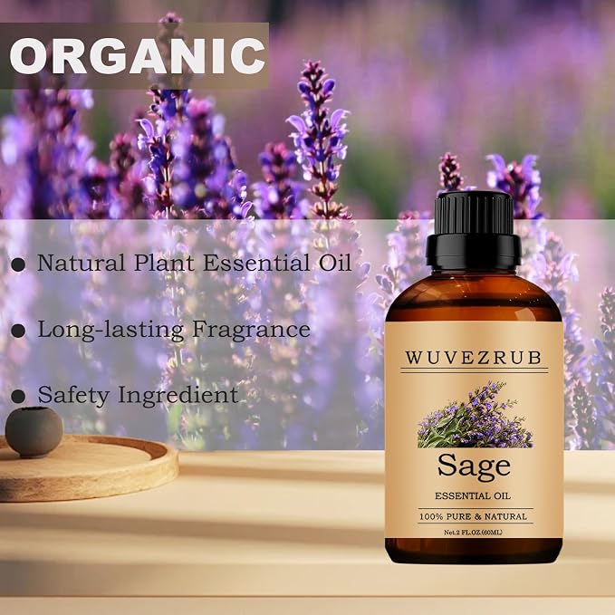 Sage Essential Oils, 60ML Pure and Natural Essential Oil for Aromatherapy Diffuser - Sage /2 Fl Oz