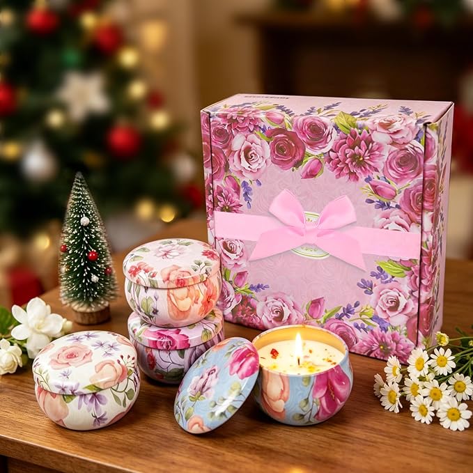 4 Pack Scented Candles for Women Gift- 8% Essential Oil Aromatherapy Candle Set, 50H Long Lasting Natural Soy Wax Candles, Travel Tin Gift Box for Stress Relief Spa Yoga Birthday Housewarming