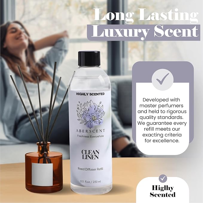 Clean Linen Aberscent Premium Reed Diffuser Oil Refill (8.5 Fl Oz/250ml) – Long-Lasting Fragrance Oil for Home, Office & Spa – Relaxing Scent, Luxury Hotel-Style Aroma