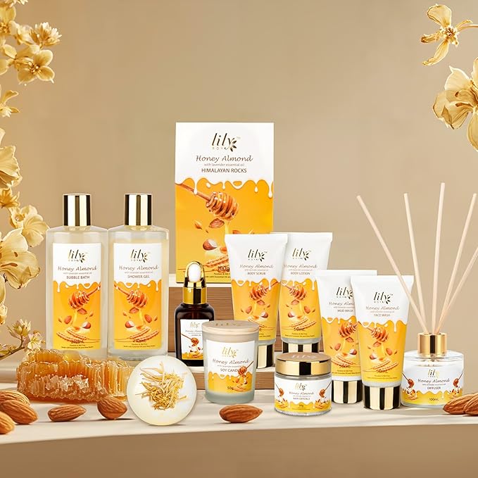 Honey Almond Bath Gift Set - 21Pcs Moisturizing & Relaxing Spa Gift Basket for Women & Men