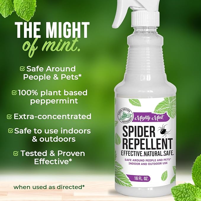 Mighty Mint Peppermint Oil Spider Repellent Spray with Microfiber Cloth – Indoor & Outdoor Bug Control for Spiders and Insects – Plant-Based, Extra-Strong Formula - 16 oz