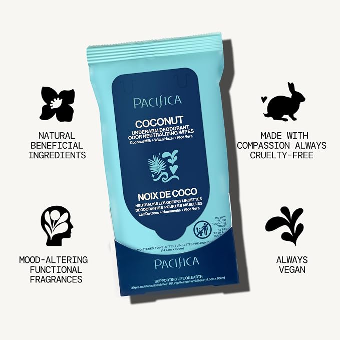 Pacifica Beauty Coconut Milk & Essential Oils Underarm Deodorant Wipes, Helps Remove Odor, Aluminum-Free, Vegan & Cruelty-Free, 30 Wipes (1-Pack)