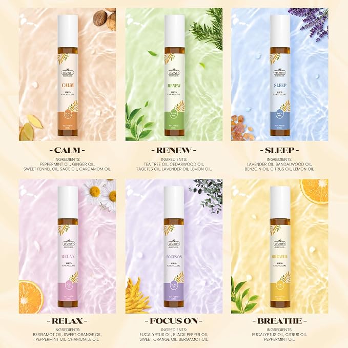 Essential Oils Roll On Set,Gifts for Father & Husband (Calm, Relax, Breathe, Focus on, Sleep, Renew), Natural Aromatherapy Oil Blend Kit with Roller Ball for Massage, Body Skin Care, Relaxation Gift