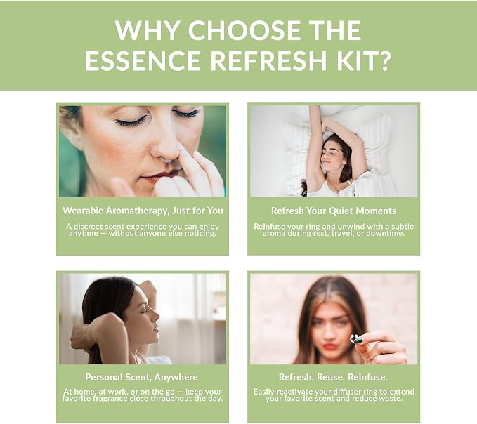 Essence Refresh Kit | Featured Blends Essential Oils | Aromatherapy Nasal Diffuser | Personal Scent Clip for Travel, Work & Everyday Use | Made in USA | Stress Relief | White Pod