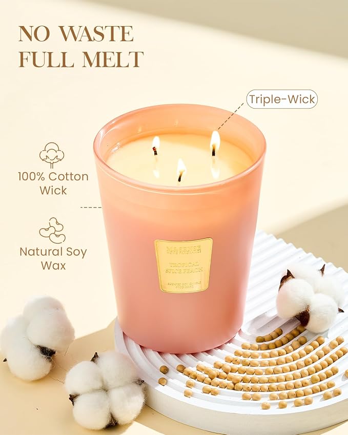 M&SENSE Tropical Spice Peach Soy Candle, 35oz 3 Wick 150H, Large Fruity Aromatherapy Candles Natural Scent, Housewarming Gift