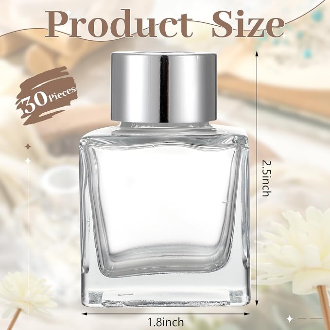 Sabary 30 Set Square Glass Diffuser Bottles with Silver Caps Refillable Diffuser Bottles Set 1.7oz Empty Aromatherapy Jar Ideal for Essential Oils Reed Sticks Home Fragrance
