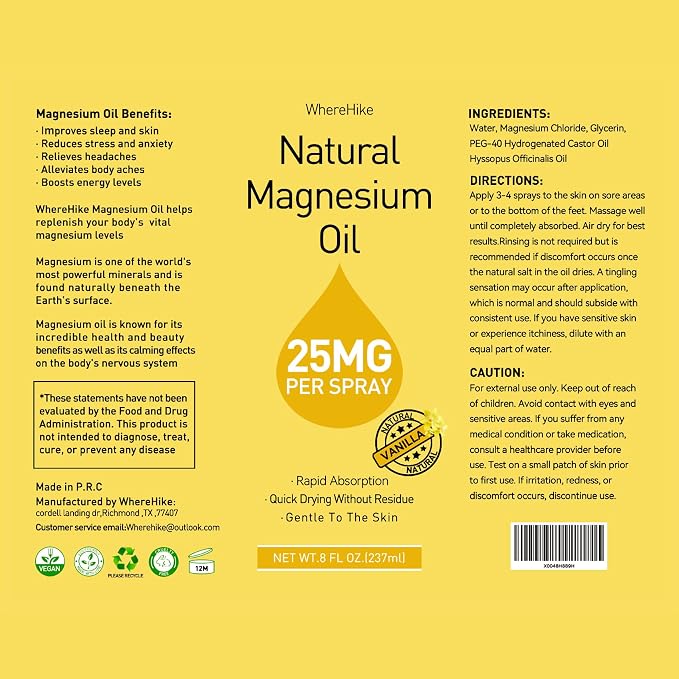 Stilip Magnesium Spray, Pure Magnesium Oil Spray for Feet,Ideal Gift for Muscle Relaxation&Better Sleep,Rapid Absorption,Quick Drying Without Residue-Vanilla