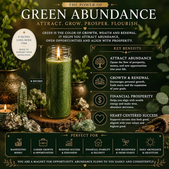 Green Abundance Manifestation Candle Kit – 8" Ritual Prayer Candle with Intention Scrolls, Pencil & QR Guide for Prosperity, Wealth, Success & Abundance