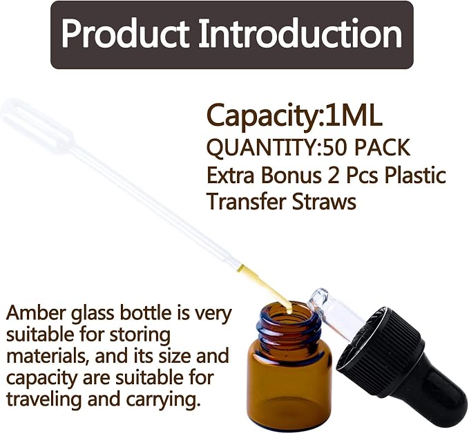 Sample Dropper Bottles, Mini Dropper Bottles with 2 Pcs Plastic Droppers for Traveling Essential Oils DIY Cosmetic Liquid Sample Perfume (Amber, 1ML)